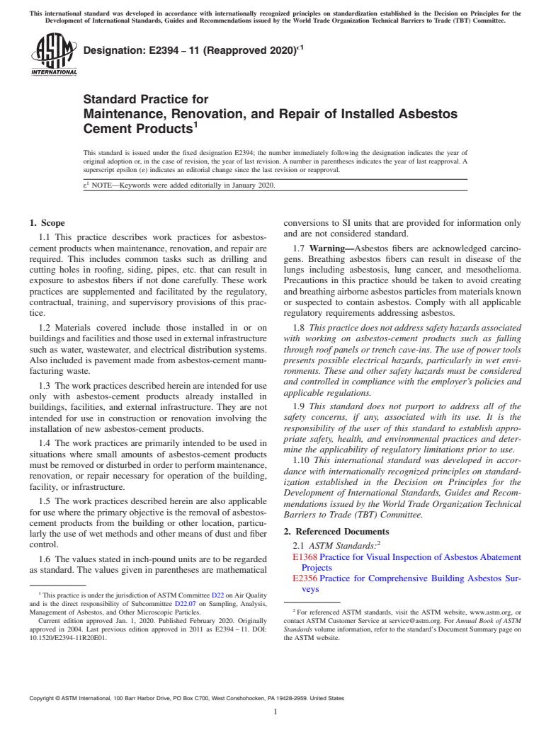 ASTM E2394-11(2020)e1 - Standard Practice for  Maintenance, Renovation, and Repair of Installed Asbestos Cement  Products