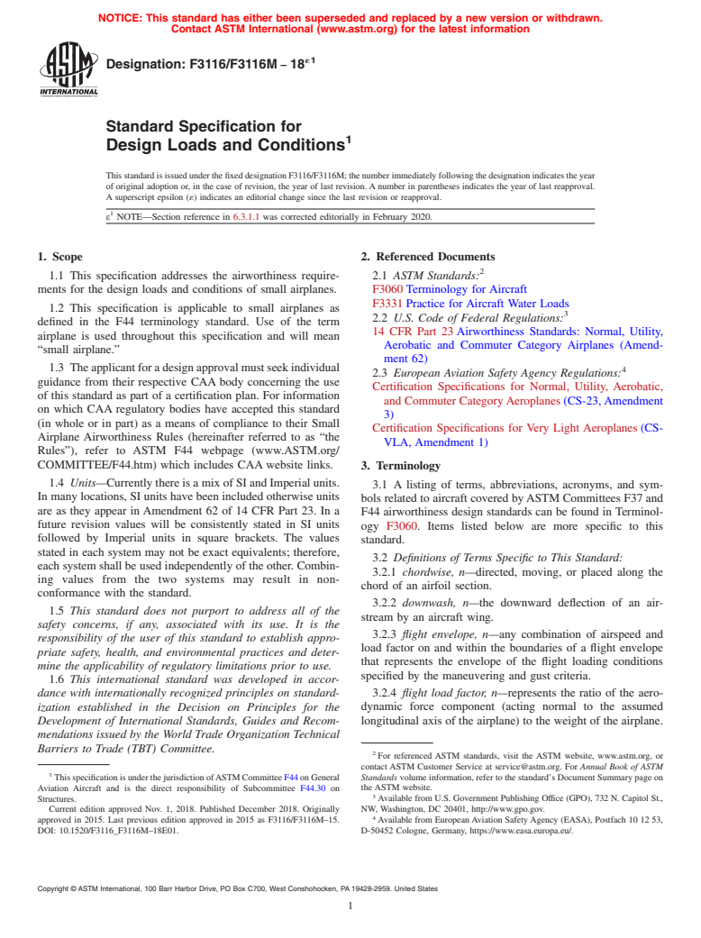 ASTM F3116/F3116M-18e1 - Standard Specification for Design Loads and Conditions