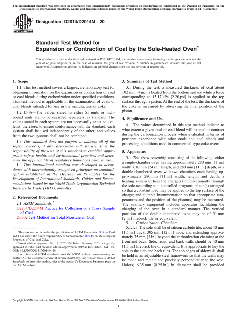 ASTM D2014/D2014M-20 - Standard Test Method for  Expansion or Contraction of Coal by the Sole-Heated Oven