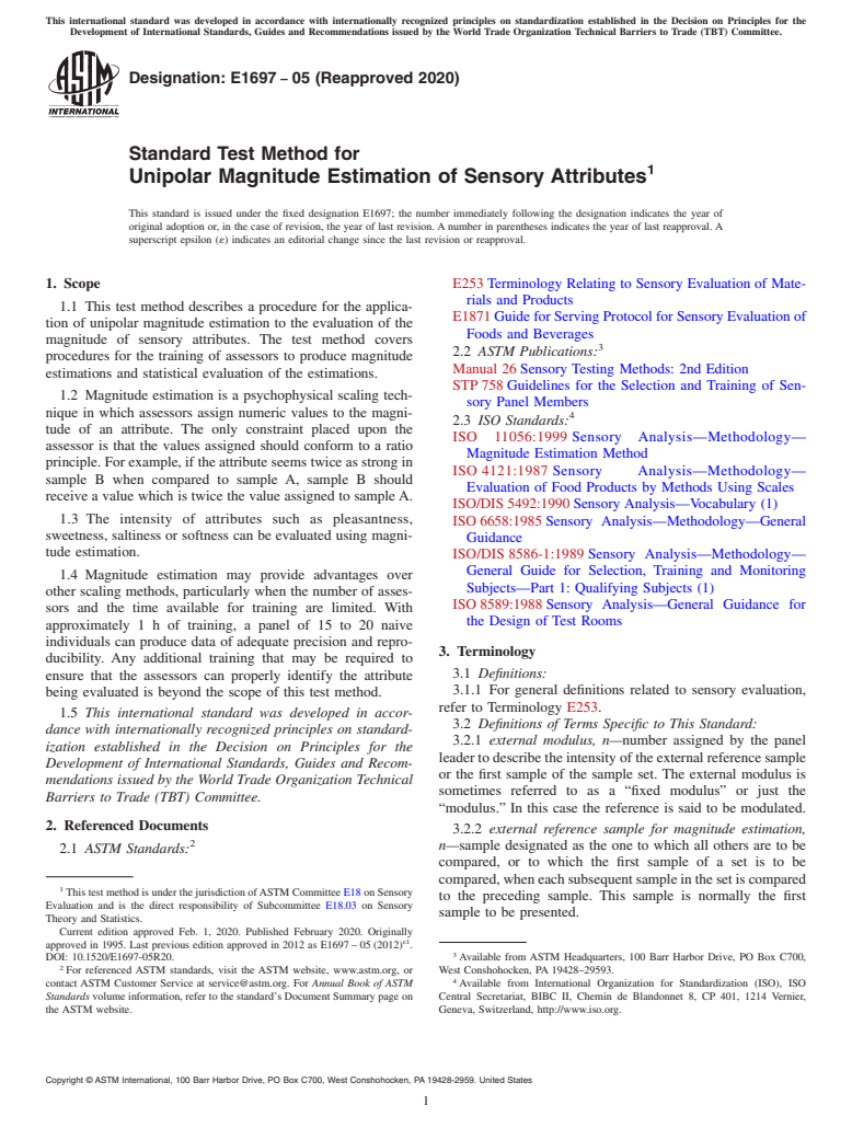 ASTM E1697-05(2020) - Standard Test Method for  Unipolar Magnitude Estimation of Sensory Attributes