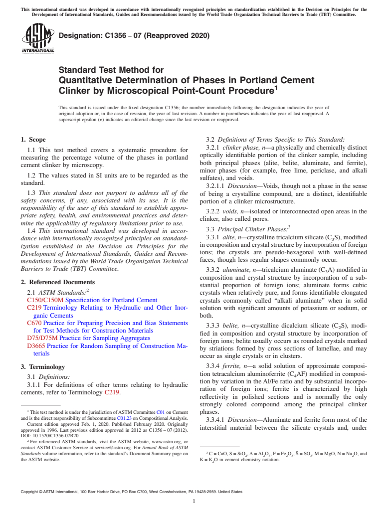 ASTM C1356-07(2020) - Standard Test Method for  Quantitative Determination of Phases in Portland Cement Clinker  by Microscopical Point-Count Procedure