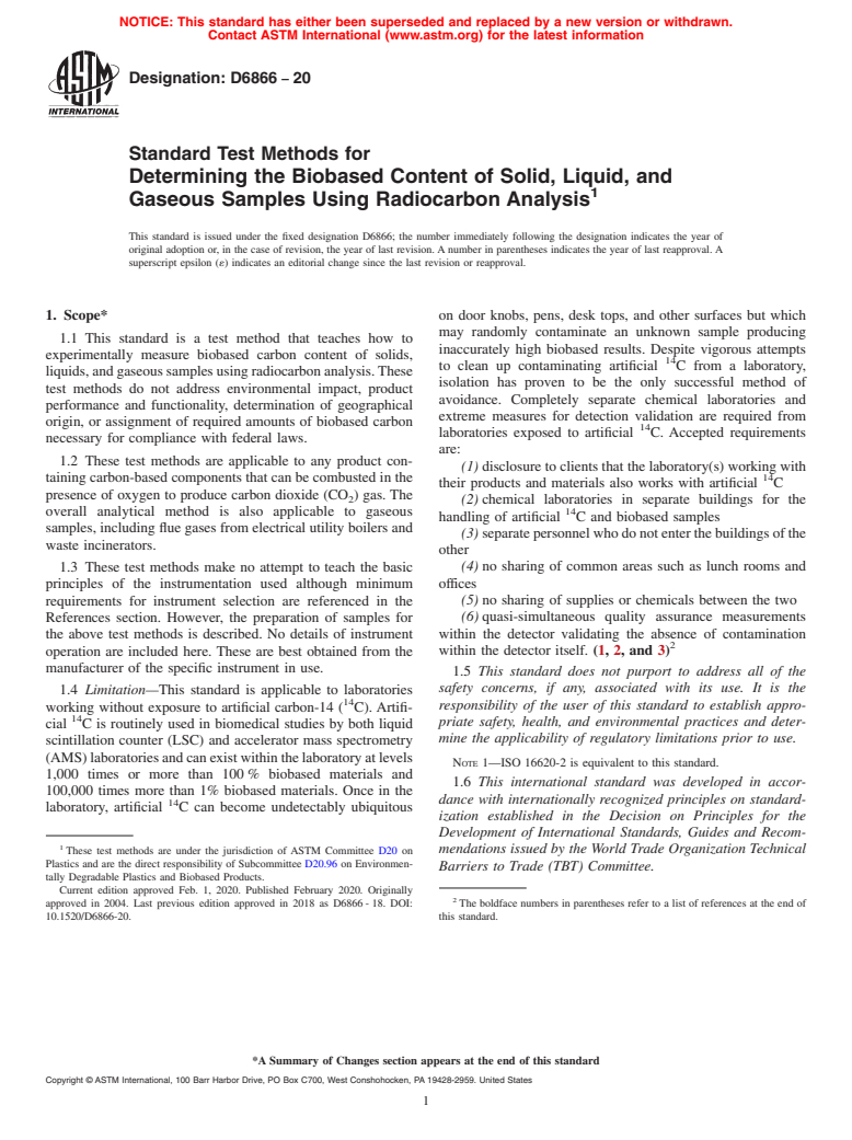 ASTM D6866-20 - Standard Test Methods for Determining the Biobased Content of Solid, Liquid, and Gaseous  Samples Using Radiocarbon Analysis