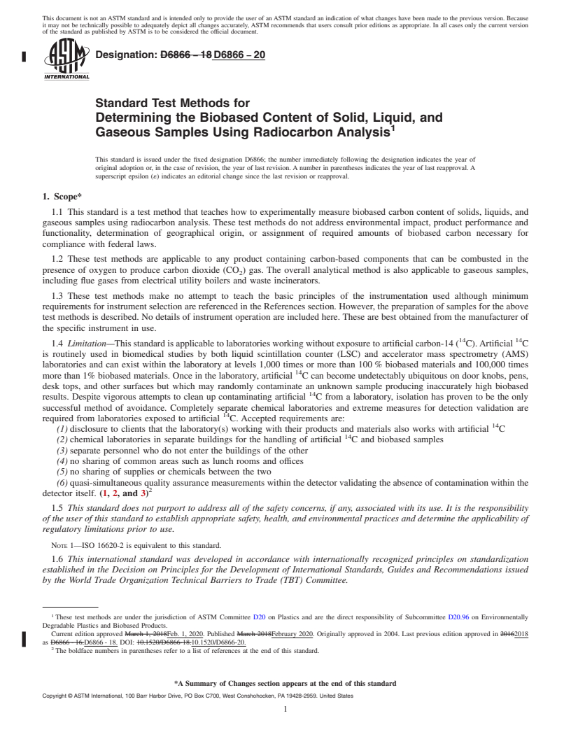 REDLINE ASTM D6866-20 - Standard Test Methods for Determining the Biobased Content of Solid, Liquid, and Gaseous  Samples Using Radiocarbon Analysis