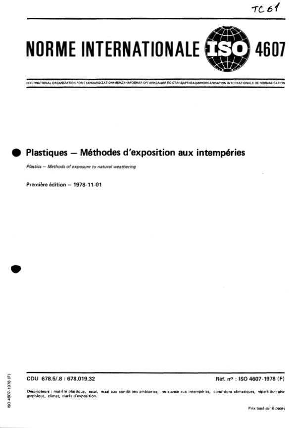 ISO 4607:1978 - Plastiques -- Méthodes d'exposition aux intempéries