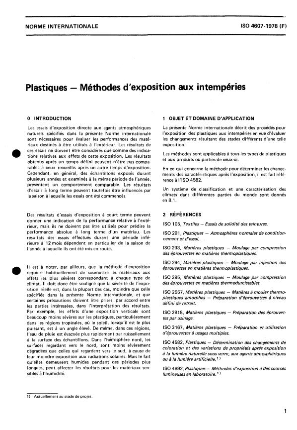 ISO 4607:1978 - Plastiques -- Méthodes d'exposition aux intempéries
