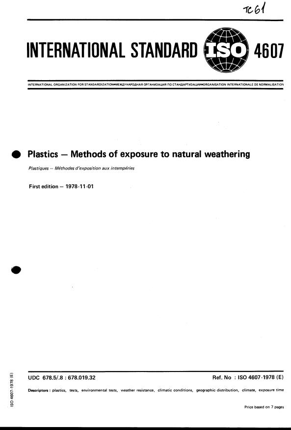 ISO 4607:1978 - Plastics -- Methods of exposure to natural weathering