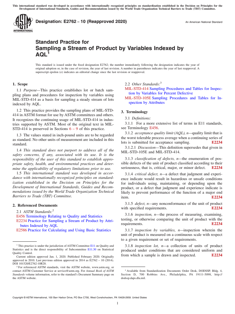 ASTM E2762-10(2020) - Standard Practice for  Sampling a Stream of Product by Variables Indexed by AQL