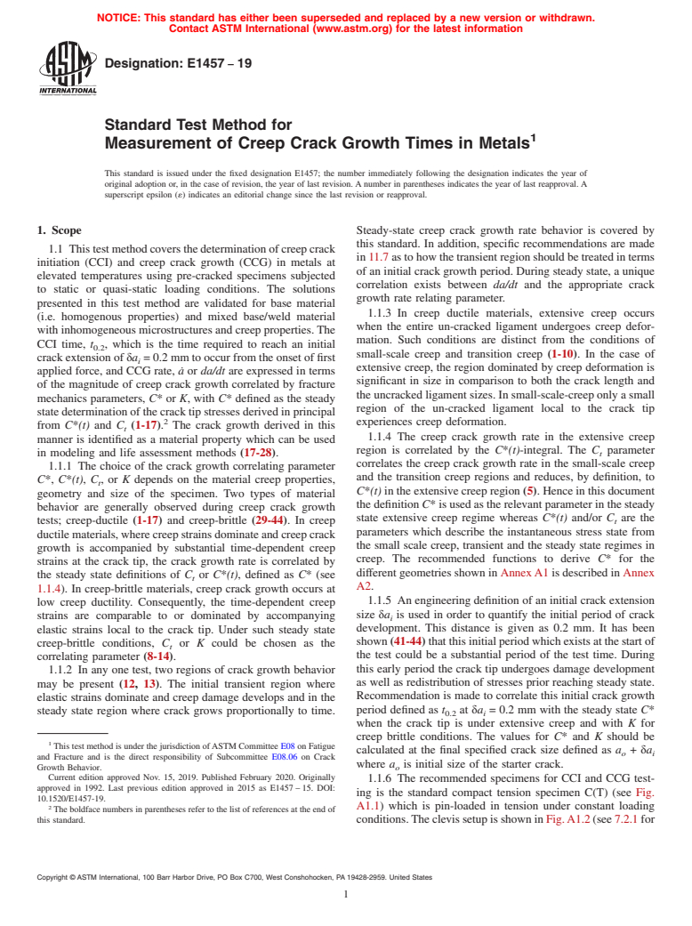 ASTM E1457-19 - Standard Test Method for  Measurement of Creep Crack Growth Times in Metals