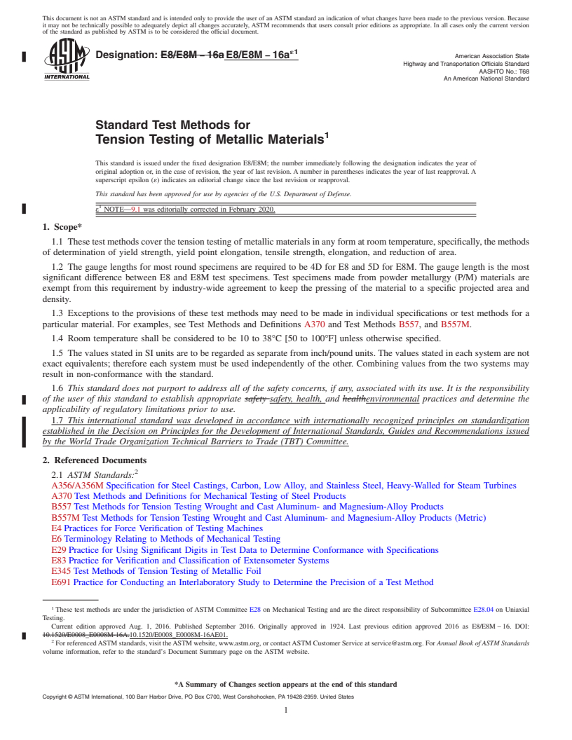 REDLINE ASTM E8/E8M-16ae1 - Standard Test Methods for  Tension Testing of Metallic Materials