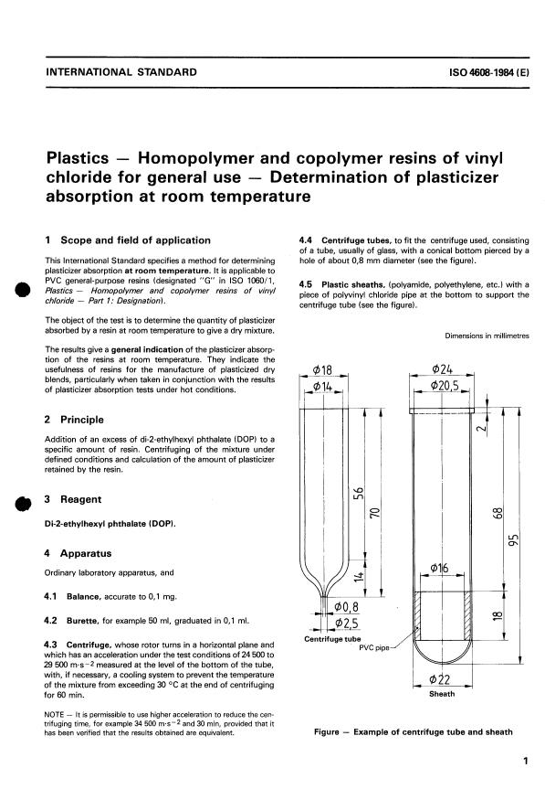 ISO 4608:1984 - Plastics -- Homopolymer and copolymer resins of vinyl chloride for general use -- Determination of plasticizer absorption at room temperature