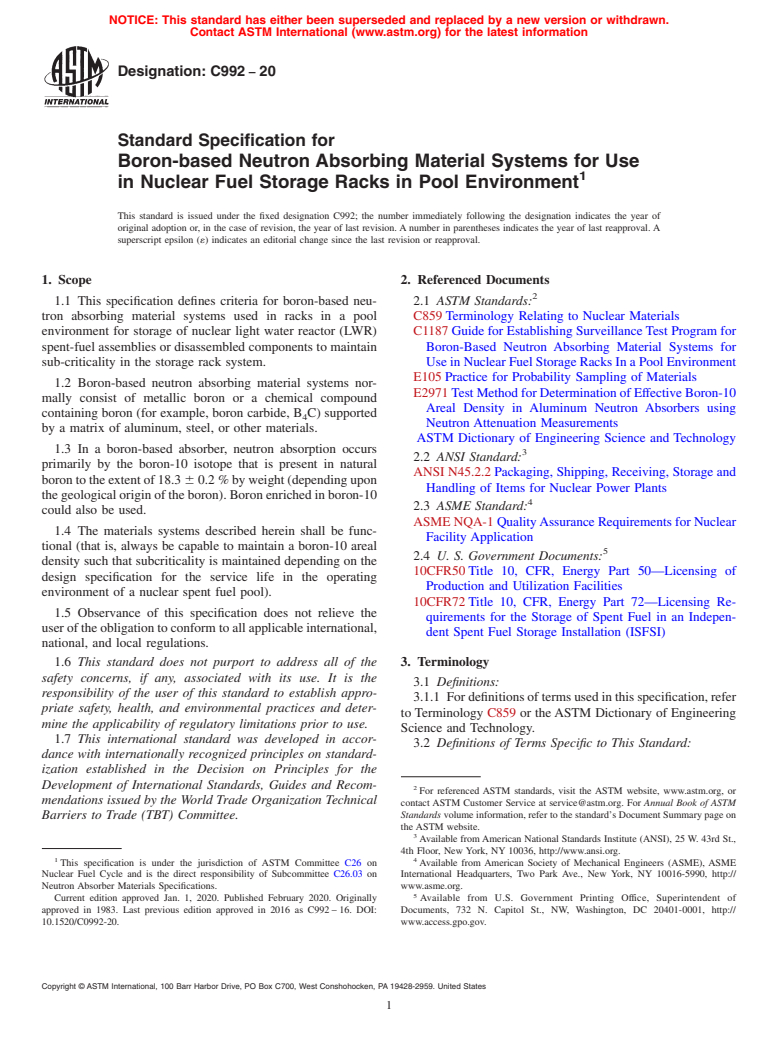 ASTM C992-20 - Standard Specification for  Boron-based Neutron Absorbing Material Systems for Use in Nuclear  Fuel Storage Racks in Pool Environment