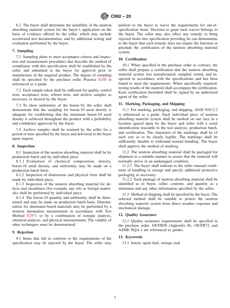 ASTM C992-20 - Standard Specification for  Boron-based Neutron Absorbing Material Systems for Use in Nuclear  Fuel Storage Racks in Pool Environment