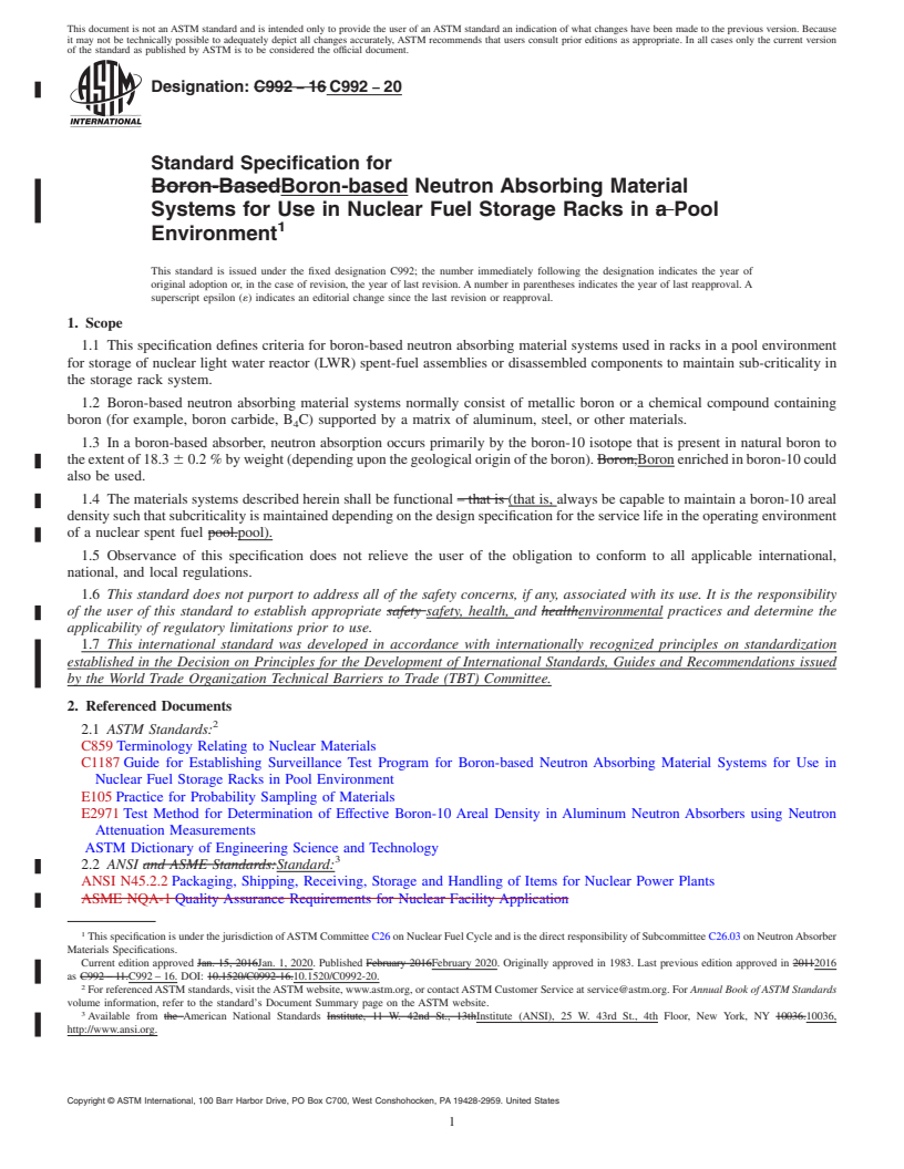 REDLINE ASTM C992-20 - Standard Specification for  Boron-based Neutron Absorbing Material Systems for Use in Nuclear  Fuel Storage Racks in Pool Environment