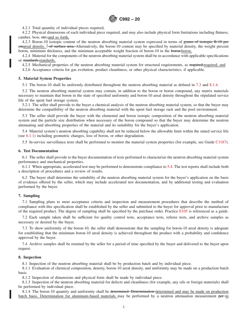 REDLINE ASTM C992-20 - Standard Specification for  Boron-based Neutron Absorbing Material Systems for Use in Nuclear  Fuel Storage Racks in Pool Environment