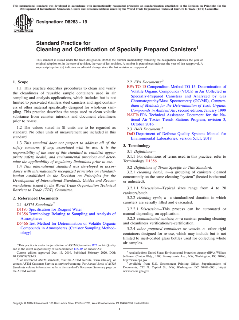 ASTM D8283-19 - Standard Practice for Cleaning and Certification of Specially Prepared Canisters
