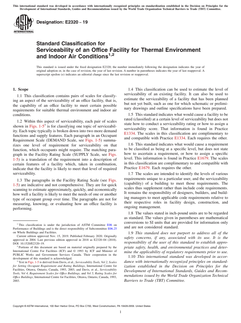 ASTM E2320-19 - Standard Classification for Serviceability of an Office Facility for Thermal Environment  and Indoor Air Conditions