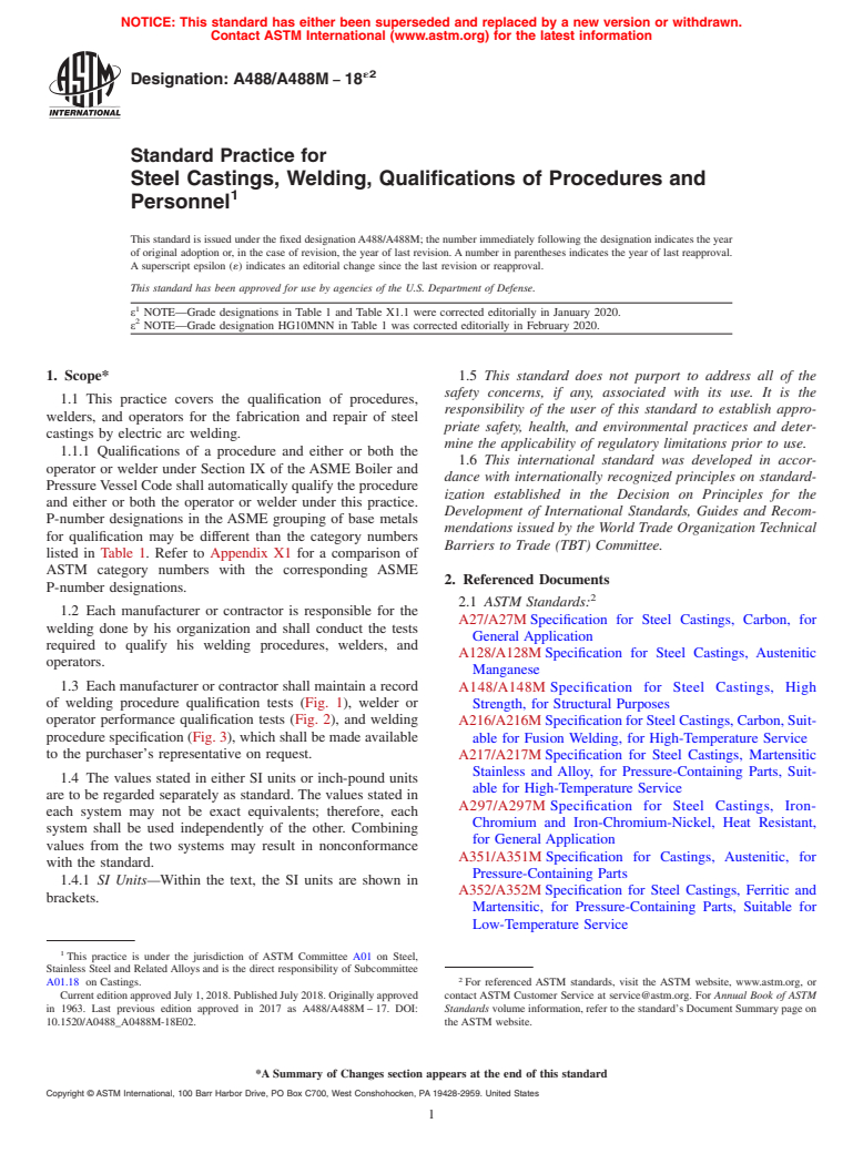 ASTM A488/A488M-18e2 - Standard Practice for  Steel Castings, Welding, Qualifications of Procedures and Personnel