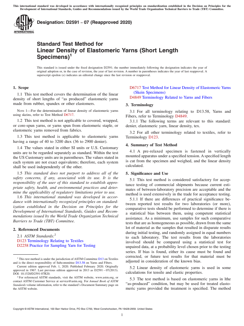 ASTM D2591-07(2020) - Standard Test Method for  Linear Density of Elastomeric Yarns (Short Length Specimens)