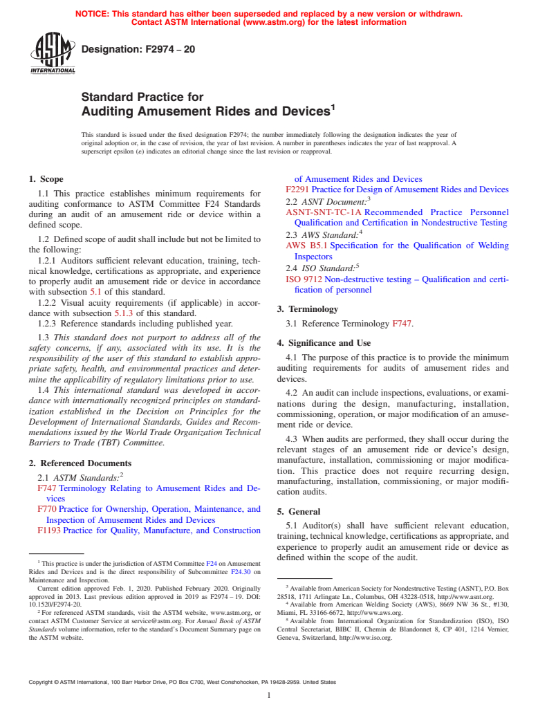 ASTM F2974-20 - Standard Practice for Auditing Amusement Rides and Devices