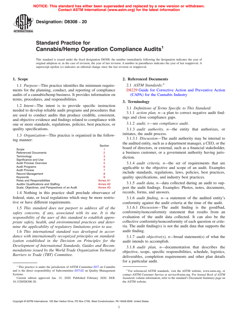 ASTM D8308-20 - Standard Practice for Cannabis/Hemp Operation Compliance Audits