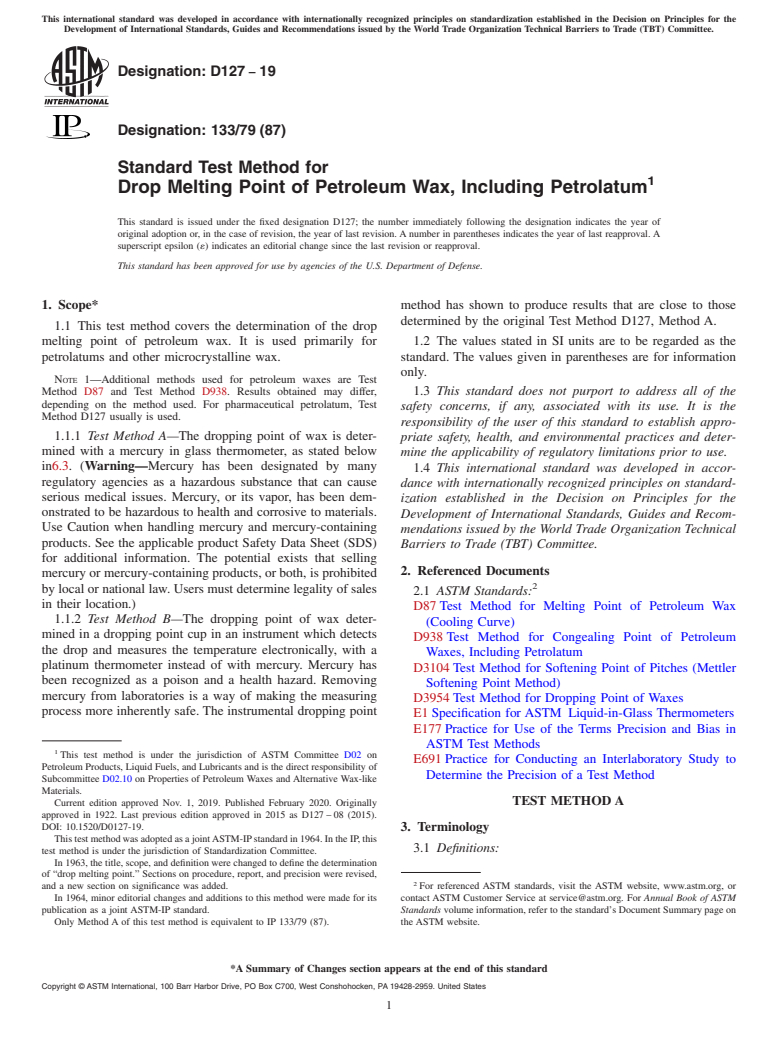 ASTM D127-19 - Standard Test Method for  Drop Melting Point of Petroleum Wax, Including Petrolatum