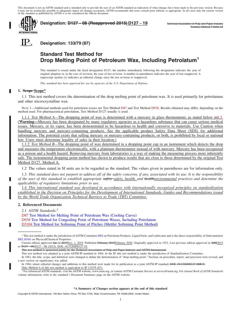 REDLINE ASTM D127-19 - Standard Test Method for  Drop Melting Point of Petroleum Wax, Including Petrolatum