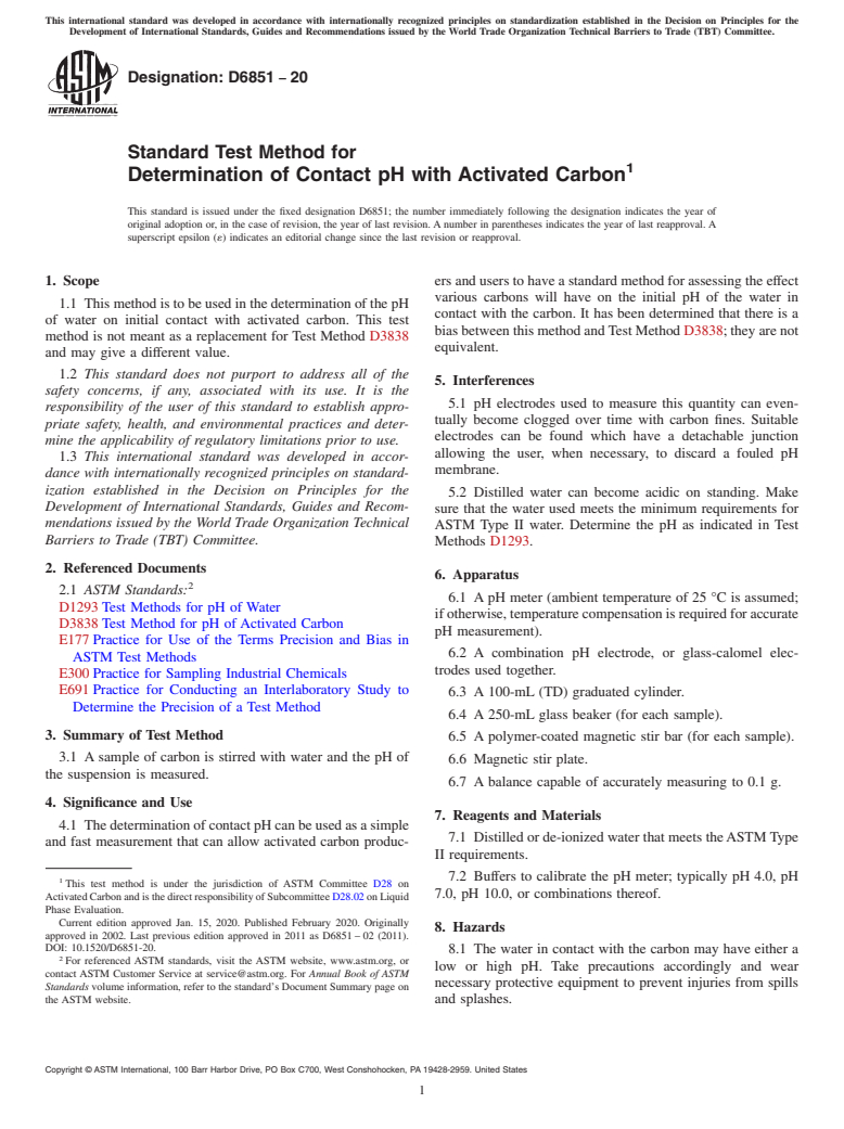 ASTM D6851-20 - Standard Test Method for  Determination of Contact pH with Activated Carbon