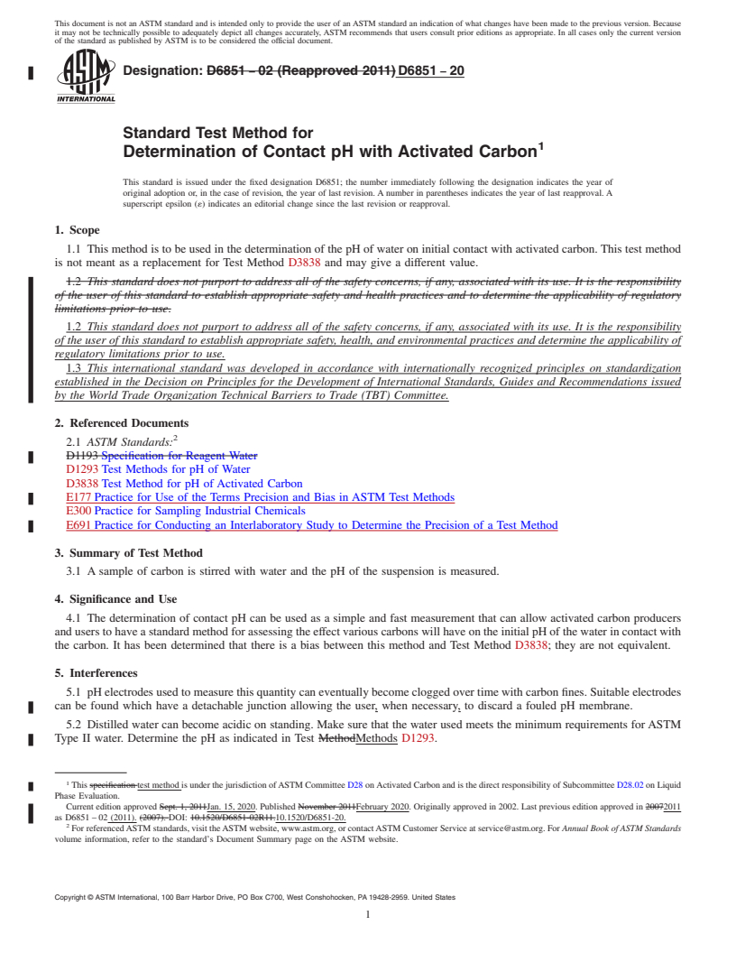 REDLINE ASTM D6851-20 - Standard Test Method for  Determination of Contact pH with Activated Carbon