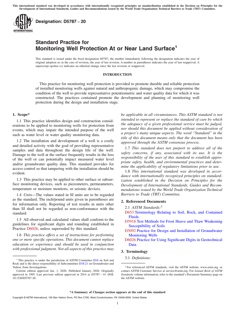 ASTM D5787-20 - Standard Practice for  Monitoring Well Protection At or Near Land Surface
