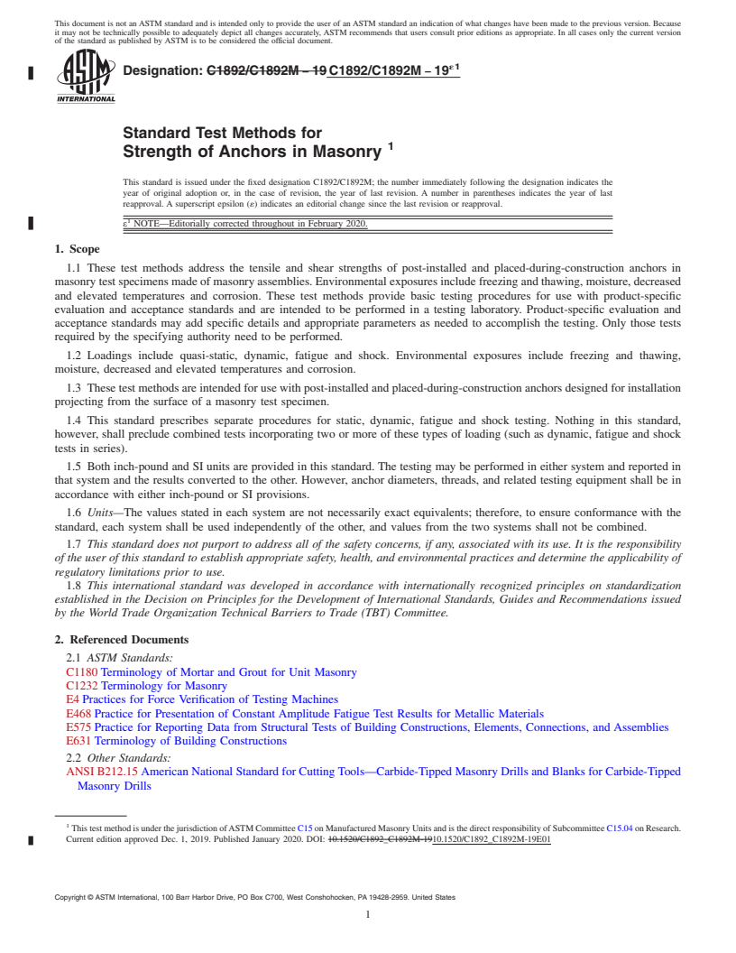 REDLINE ASTM C1892/C1892M-19e1 - Standard Test Methods for Strength of Anchors in Masonry