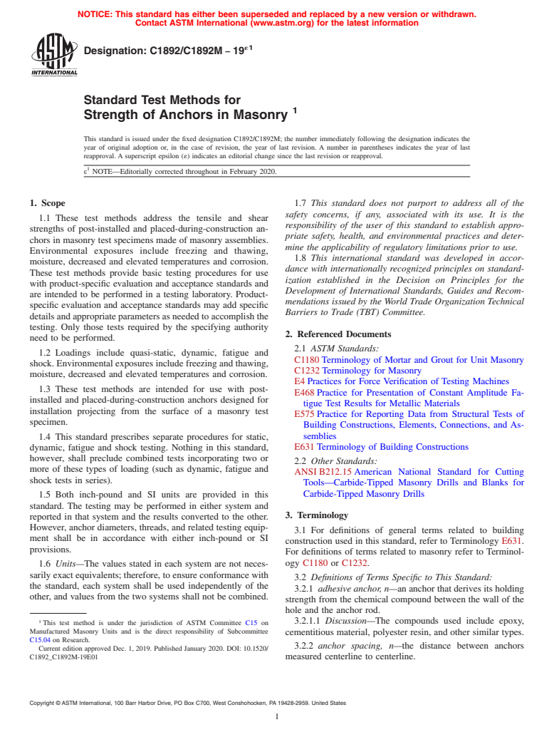 ASTM C1892/C1892M-19e1 - Standard Test Methods for Strength of Anchors in Masonry