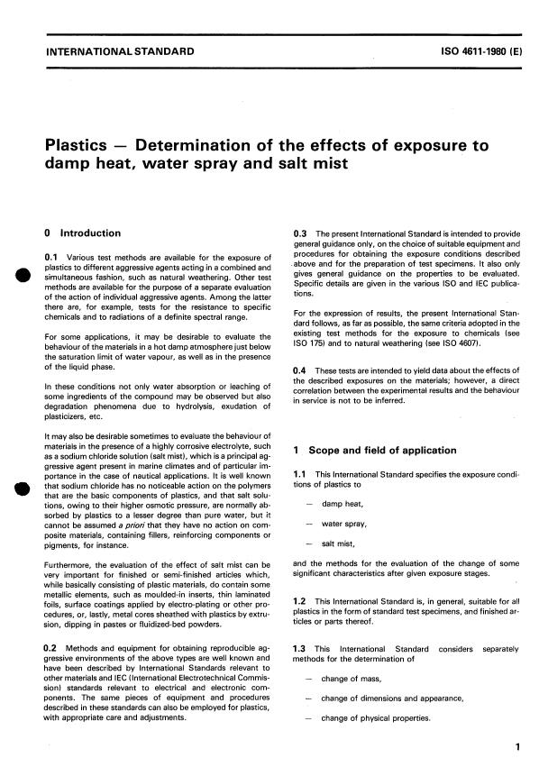 ISO 4611:1980 - Plastics -- Determination of the effects of exposure to damp heat, water spray and salt mist