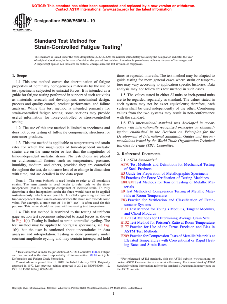 ASTM E606/E606M-19 - Standard Test Method for  Strain-Controlled Fatigue Testing