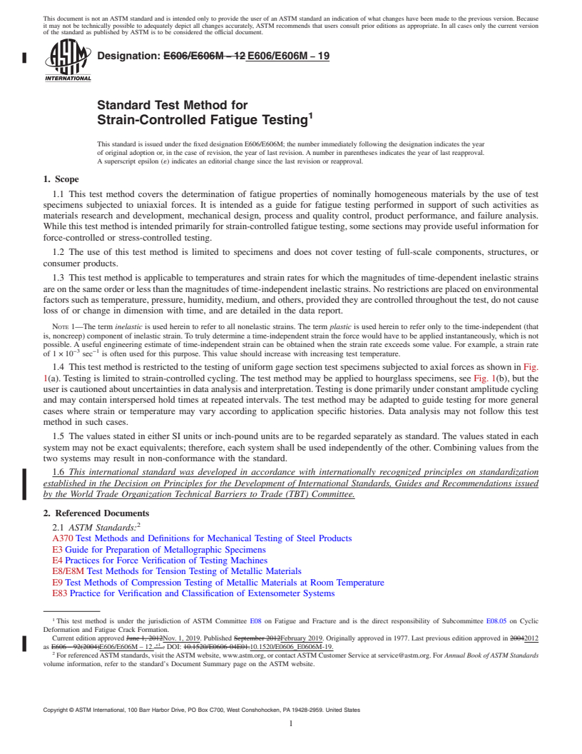 REDLINE ASTM E606/E606M-19 - Standard Test Method for  Strain-Controlled Fatigue Testing