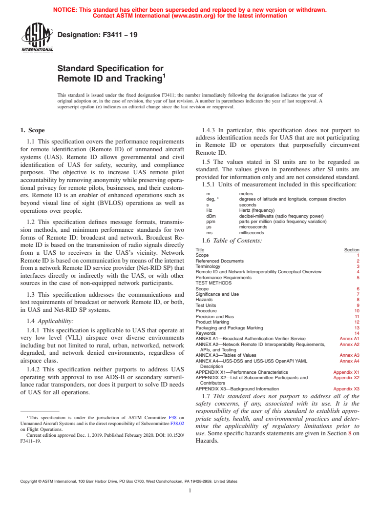 ASTM F3411-19 - Standard Specification For Remote ID And Tracking