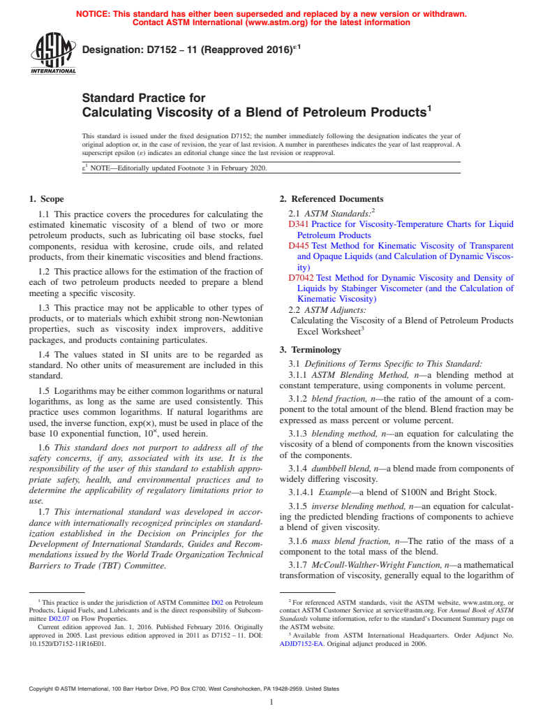 ASTM D7152-11(2016)e1 - Standard Practice for  Calculating Viscosity of a Blend of Petroleum Products