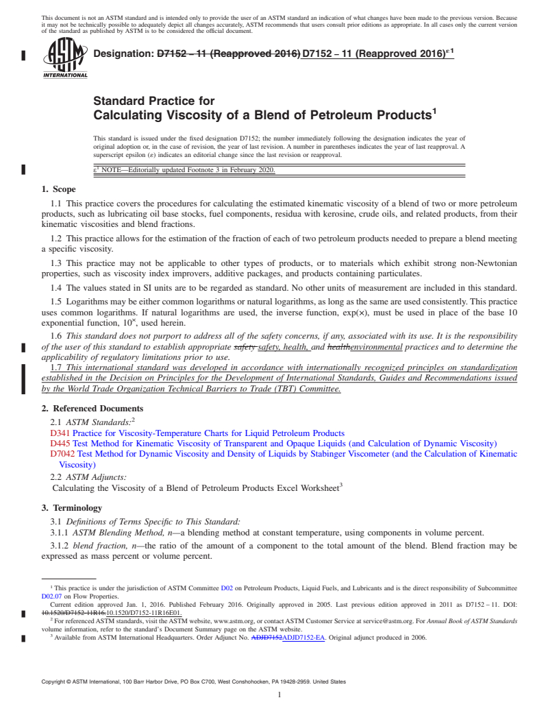 REDLINE ASTM D7152-11(2016)e1 - Standard Practice for  Calculating Viscosity of a Blend of Petroleum Products