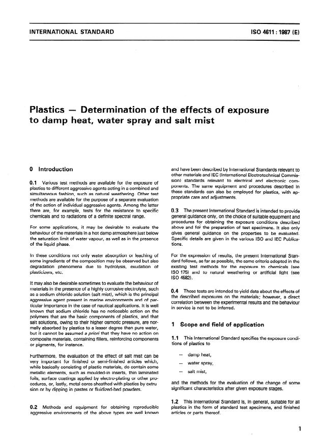 ISO 4611:1987 - Plastics -- Determination of the effects of exposure to damp heat, water spray and salt mist