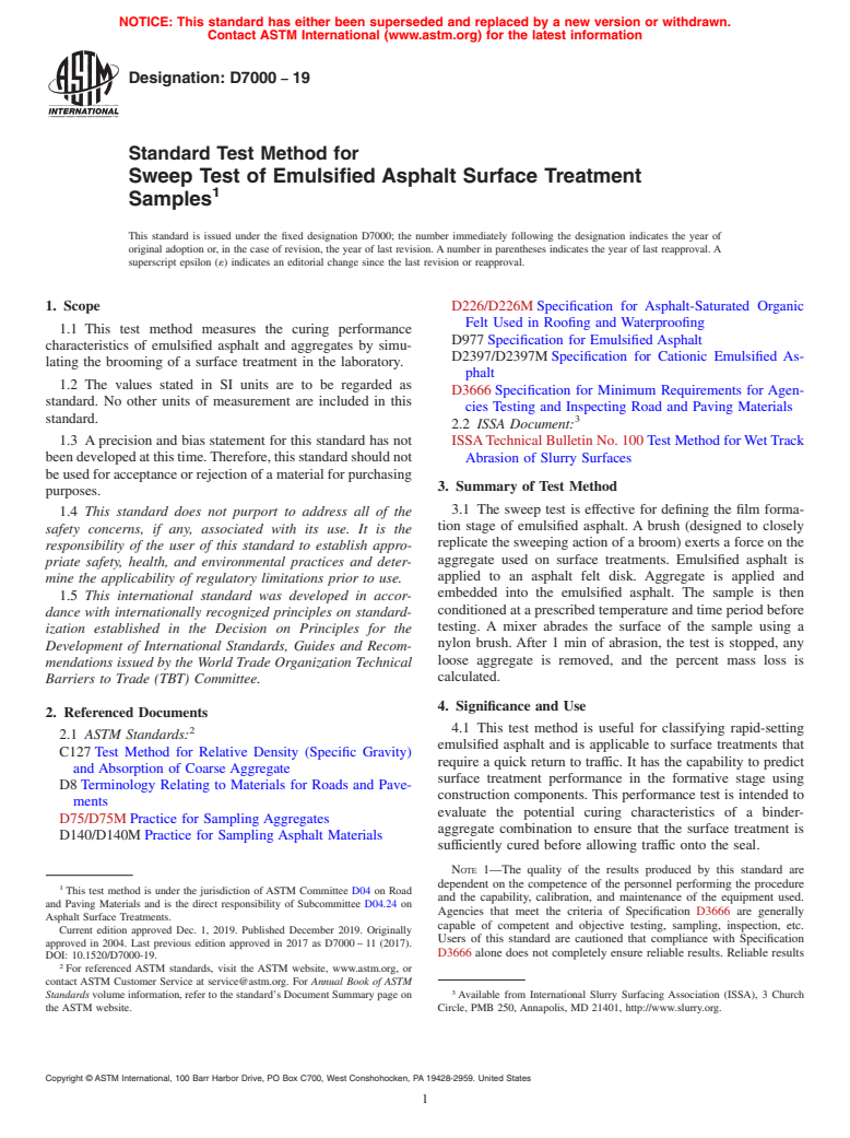 ASTM D7000-19 - Standard Test Method for Sweep Test of Emulsified Asphalt Surface Treatment Samples
