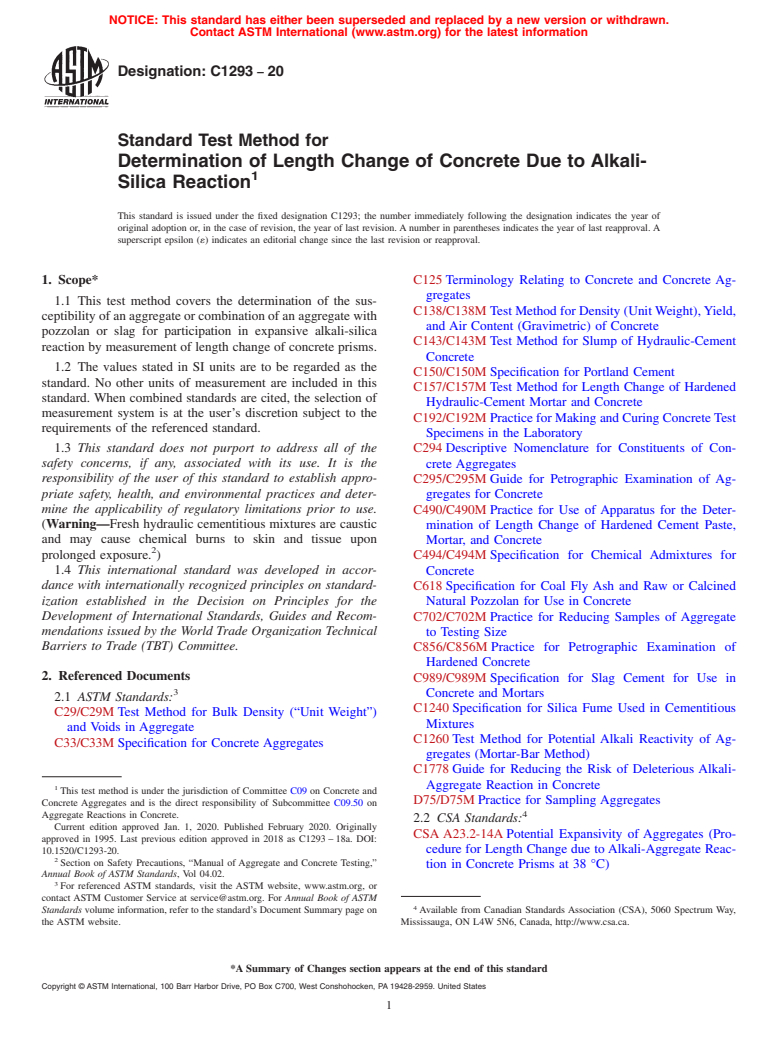 ASTM C1293-20 - Standard Test Method for  Determination of Length Change of Concrete Due to Alkali-Silica  Reaction