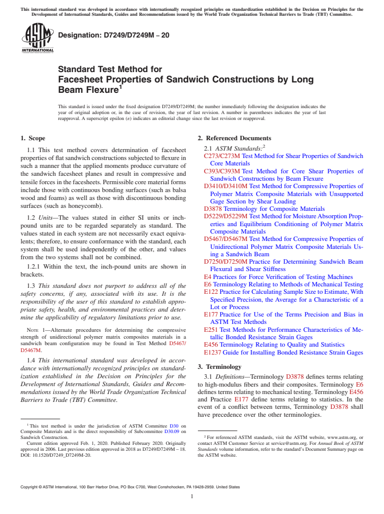 ASTM D7249/D7249M-20 - Standard Test Method for Facesheet Properties of Sandwich Constructions by Long Beam  Flexure