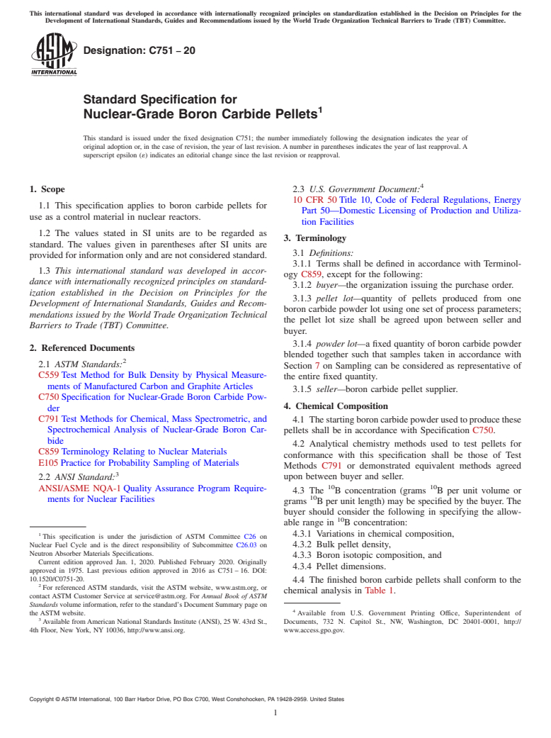 ASTM C751-20 - Standard Specification for Nuclear-Grade Boron Carbide Pellets