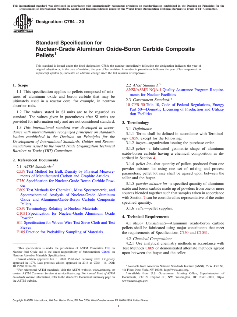 ASTM C784-20 - Standard Specification for  Nuclear-Grade Aluminum Oxide-Boron Carbide Composite Pellets