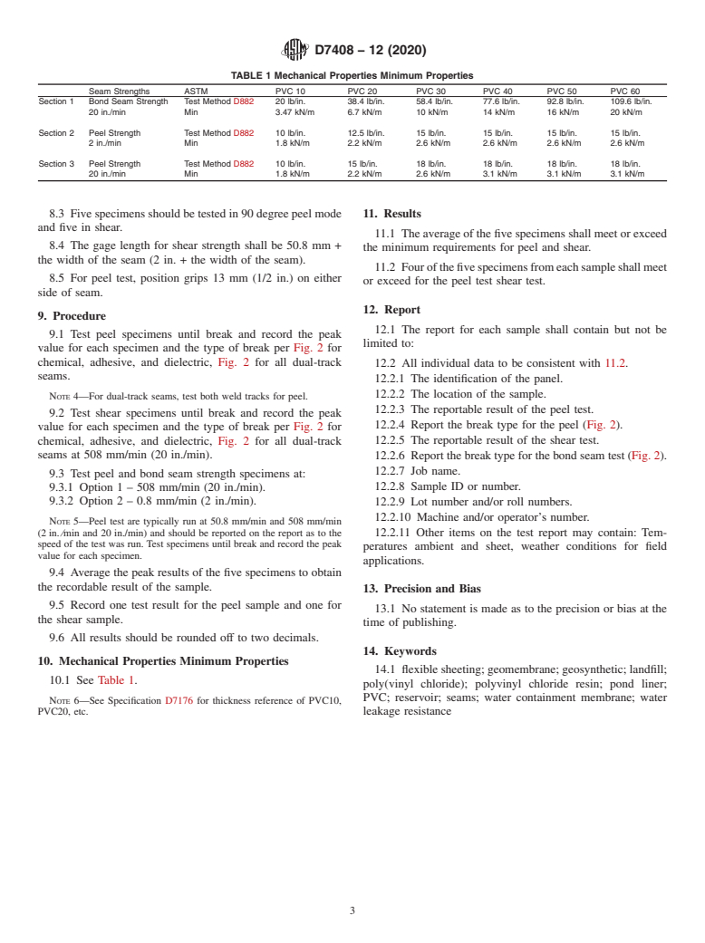 ASTM D7408-12(2020) - Standard Specification for Non-Reinforced PVC (Polyvinyl Chloride) Geomembrane Seams