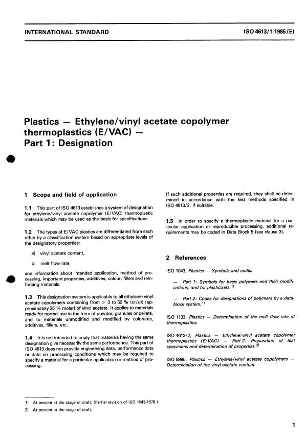 ISO 4613-1:1985 - Plastics -- Ethylene/vinyl acetate copolymer thermoplastics (E/VAC)