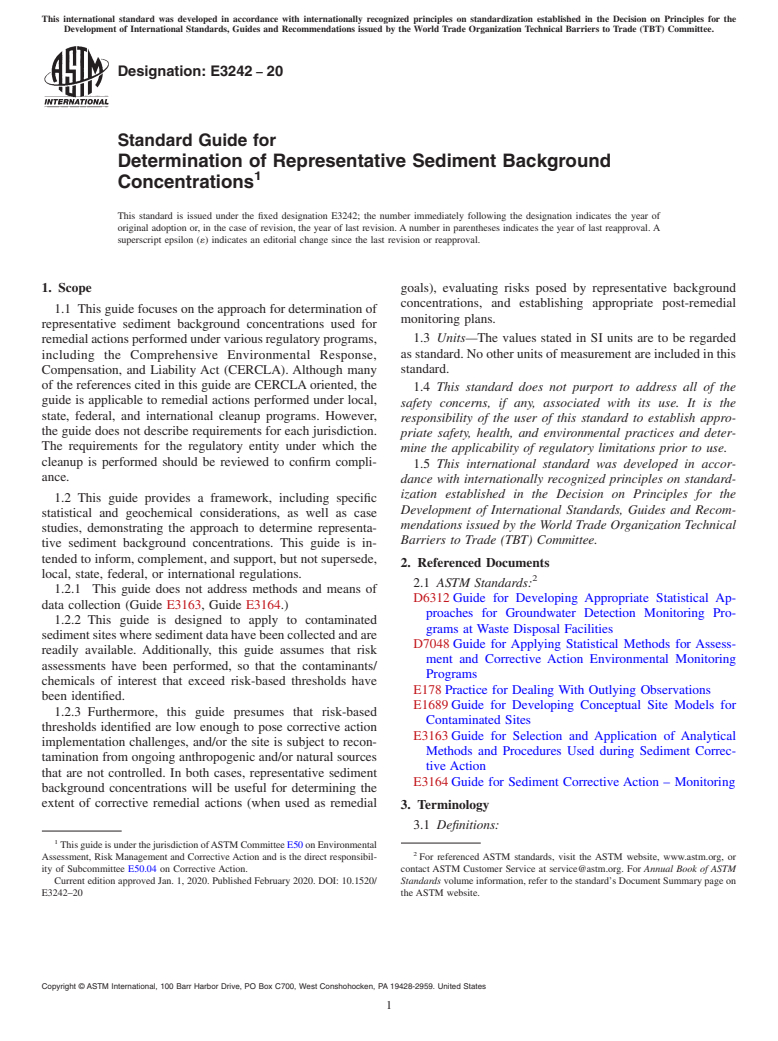 ASTM E3242-20 - Standard Guide for Determination of Representative Sediment Background Concentrations