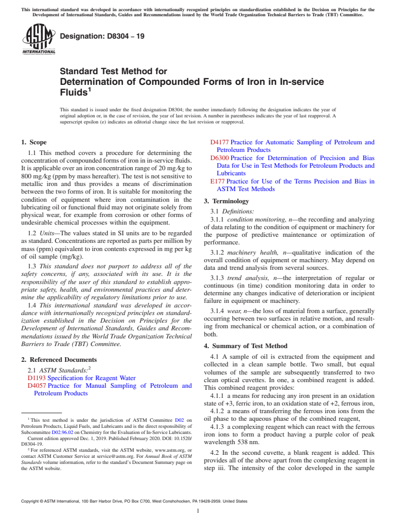 ASTM D8304-19 - Standard Test Method for Determination of Compounded Forms of Iron in In-service Fluids