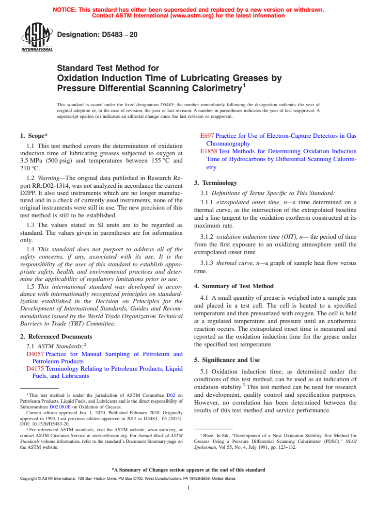 ASTM D5483-20 - Standard Test Method for  Oxidation Induction Time of Lubricating Greases by Pressure   Differential Scanning Calorimetry