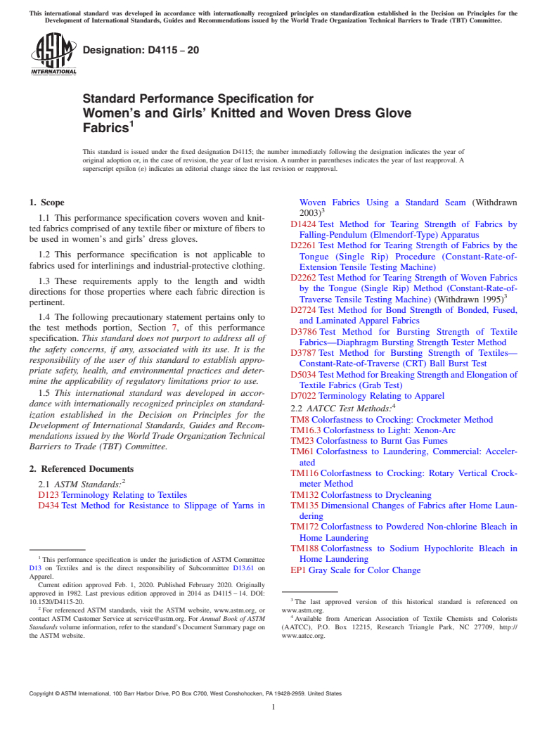 ASTM D4115-20 - Standard Performance Specification for  Women&apos;s and Girls&apos; Knitted and Woven Dress Glove  Fabrics