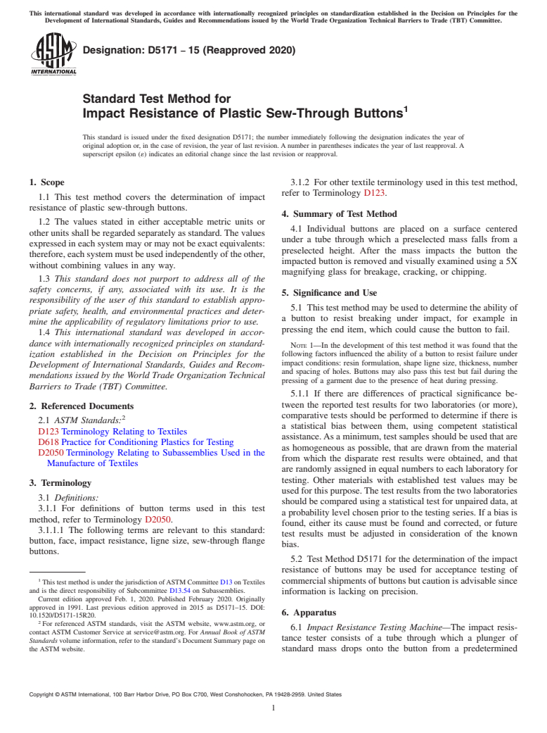 ASTM D5171-15(2020) - Standard Test Method for  Impact Resistance of Plastic Sew-Through Buttons